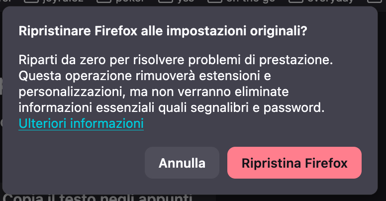 Infine, per completare il ripristino di Firefox sul tuo MacBook, conferma l’operazione facendo clic su Ripristina Firefox.