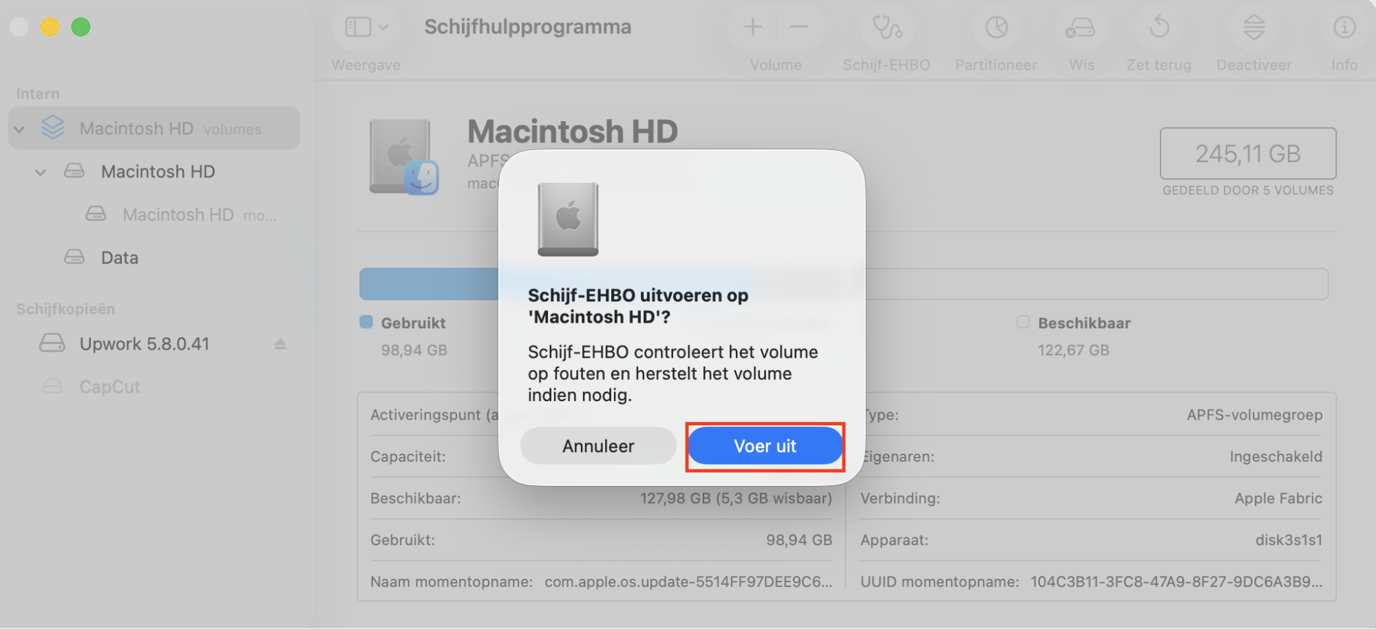 Een bevestigingsprompt voor Eerste Hulp in Schijfhulpprogramma op Mac. Als je op zoek bent naar hoe je beschadigde bestanden op een Mac kunt herstellen, voer dan Eerste Hulp uit in Schijfhulpprogramma om schijffouten op te lossen.