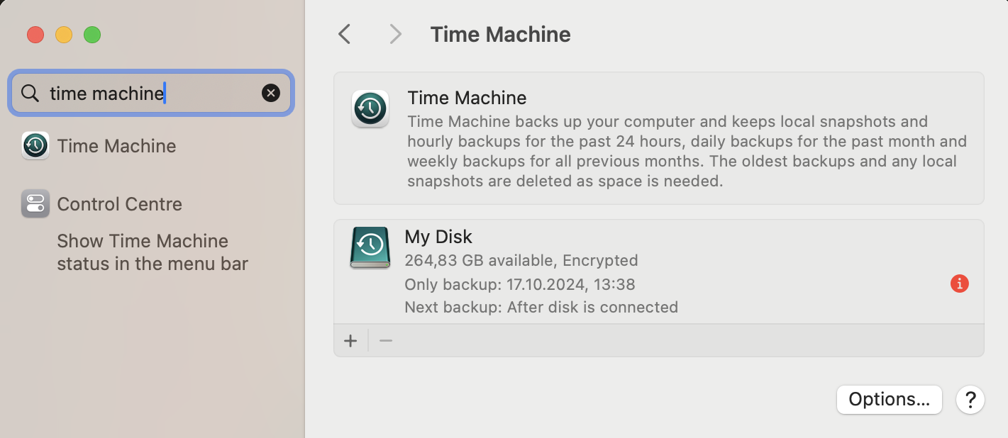 Open Time Machine, connect your backup drive, and start a backup to save all important emails before deleting the Mail app on your Mac.