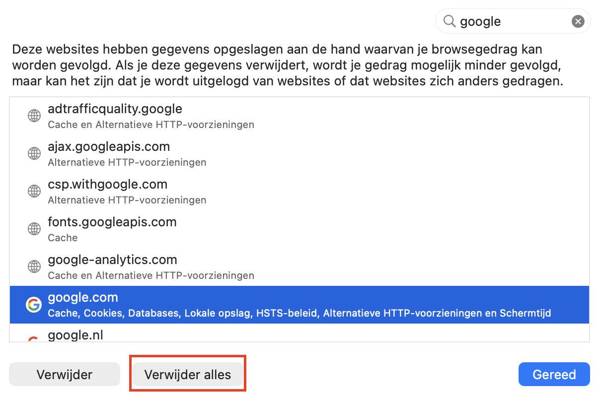 Klik op ‘Verwijder’ om gegevens te wissen die kunnen worden gebruikt om je te volgen