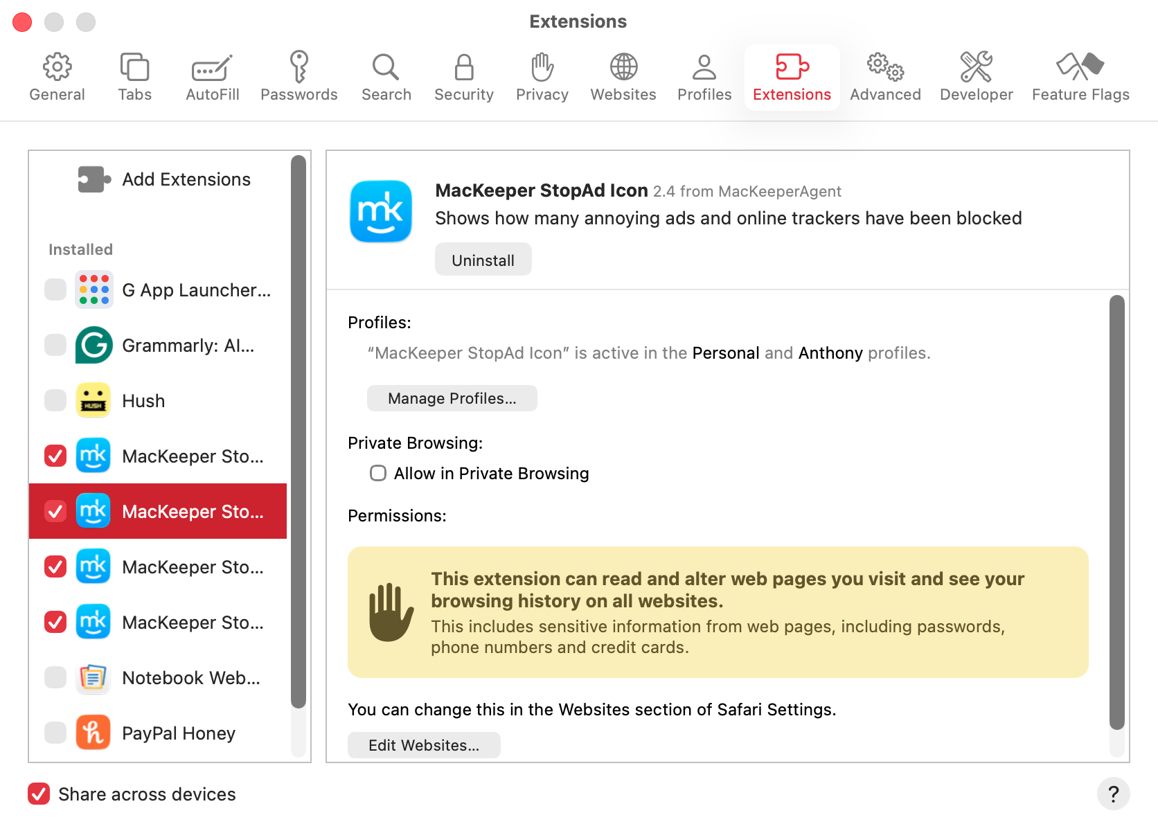 After enabling MacKeeper's Sarari extension, check your Sarari settings, under 'Extensions', and make sure that the MacKeeper extensions are all installed and enabled.