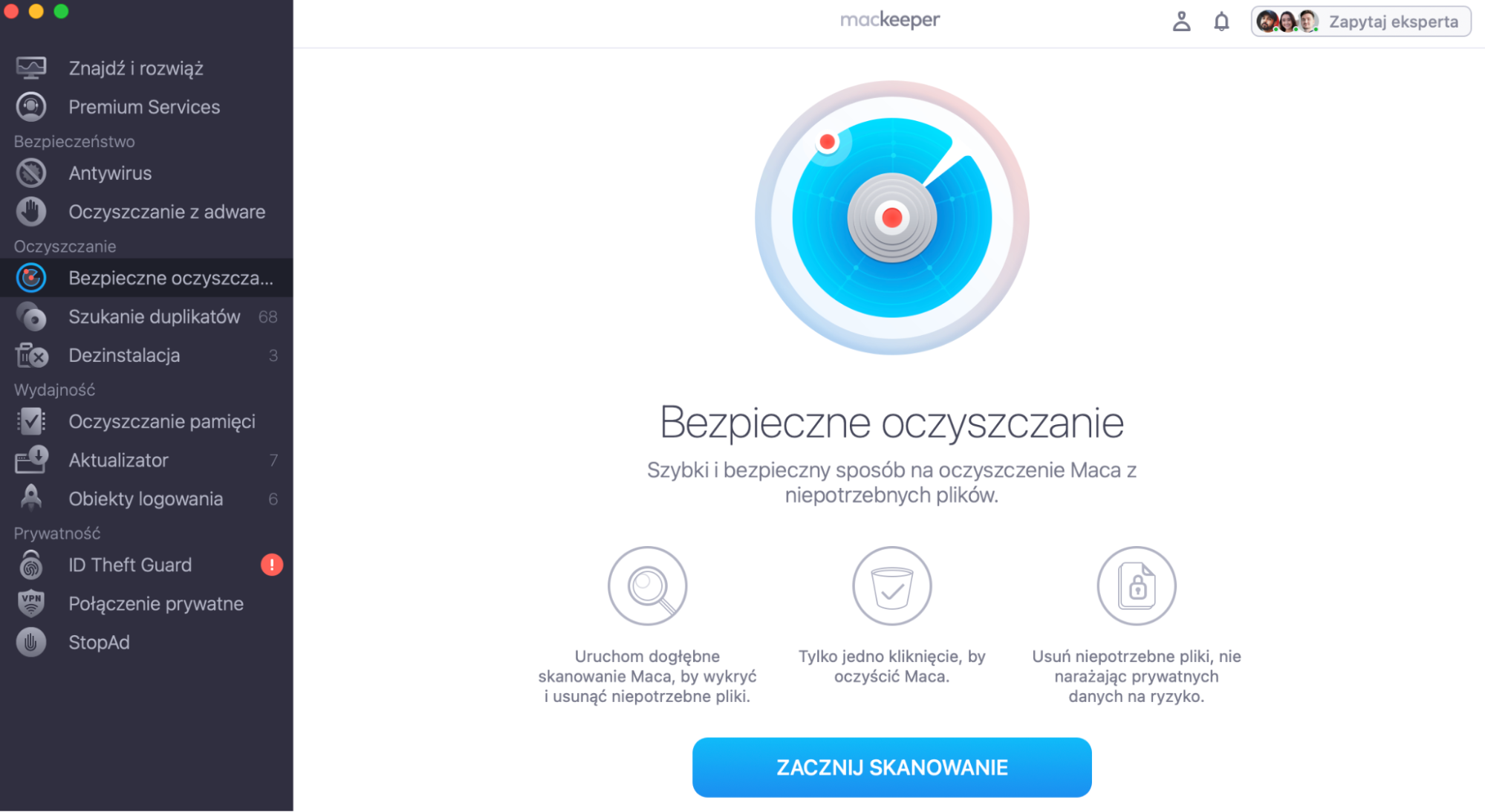 Możesz również zoptymalizować Maca po aktualizacjach, czyszcząc pamięć podręczną lub zbędne pliki w systemie. Możesz to zrobić ręcznie, ale rozwiązanie firmy trzeciej jest bardziej niezawodne. Bezpieczne oczyszczanie od MacKeeper może wyszukać niepotrzebne pliki pamięci podręcznej i zbędne pliki  oraz bezpiecznie usunąć je z systemu.