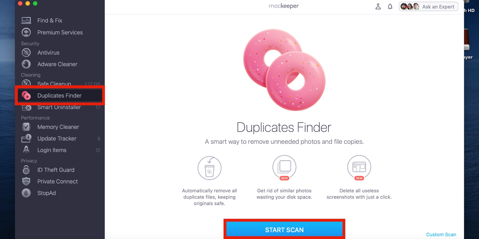 MacKeeper’s Duplicates Finder is opened on a Mac. Start the scan to free up space as an alternative to compressing JPEG images on Mac.