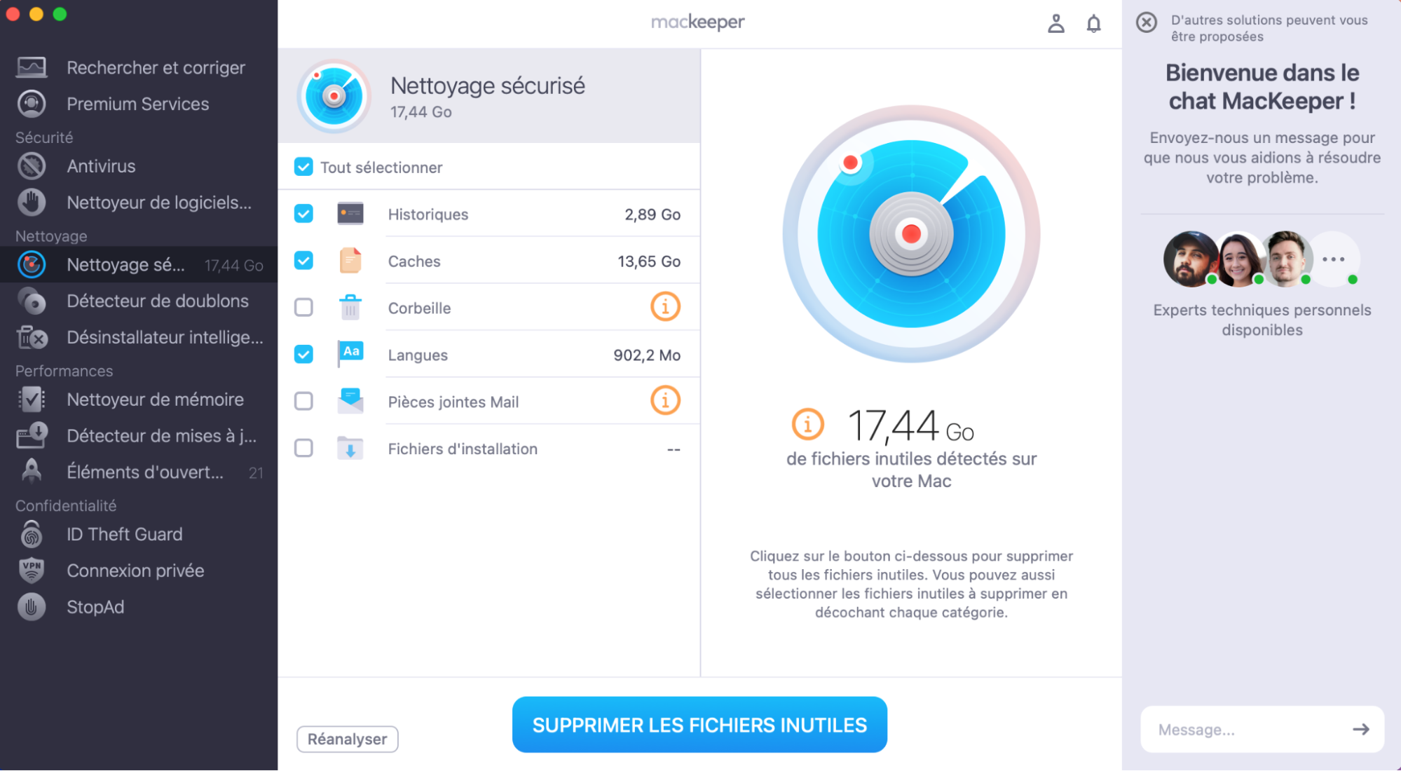 Une fois l’analyse terminée, vous pourrez voir tous les fichiers inutiles et encombrants contenus dans votre Mac. Cochez les éléments à retirer et cliquez sur Supprimer les fichiers inutiles. Assurez-vous de faire le bon choix car, une fois supprimés, ces éléments ne pourront pas être récupérés.