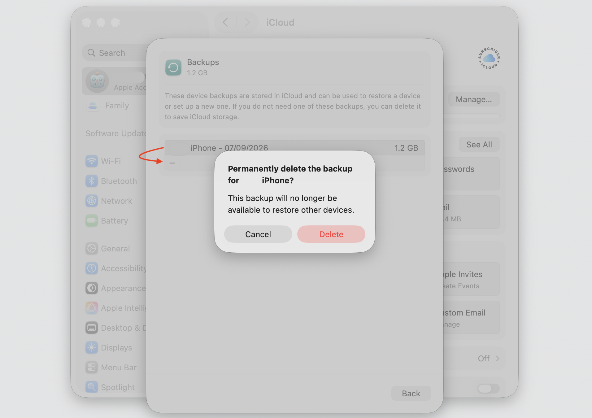 iCloud Backups delete dialog on a MacBook prompting Cancel or Delete to permanently remove an old backup in macOS System Settings.