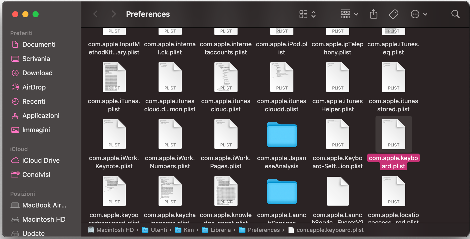 La cartella Preferenze aperta come risultato del comando precedente, con il file com.apple.keyboardtype.plist selezionato per essere eliminato