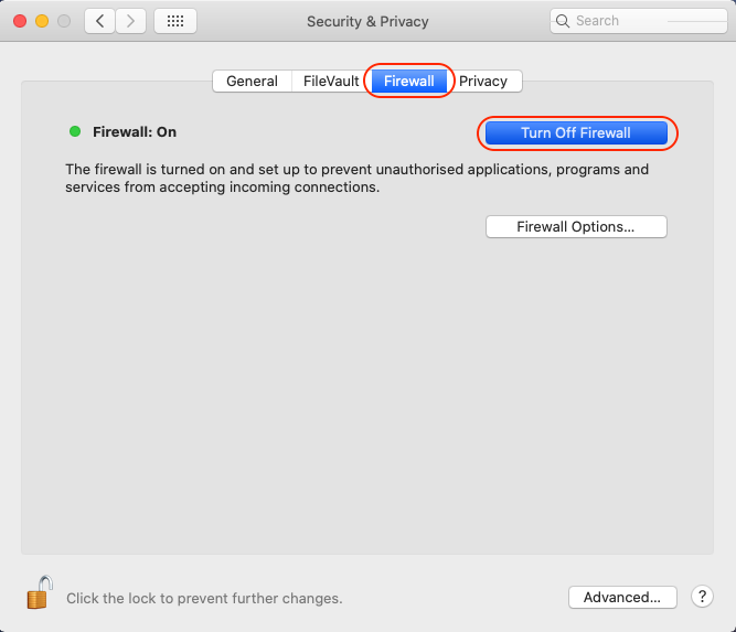 The Firewall settings inside System Preferences > Security & Privacy on Mac. Try disabling your firewall temporary to download macOS updates when you find macOS Monterey cannot be installed on Macintosh HD.