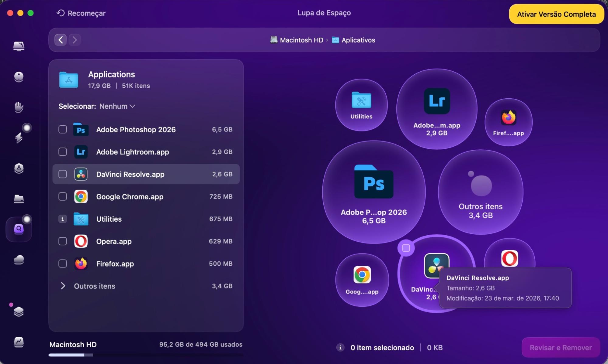 O recurso Lupa de Espaço do CleanMyMac está em uso, exibindo uma lista de pastas que podem ser abertas no Finder para localizar o arquivo necessário e gerenciar o seu conteúdo.