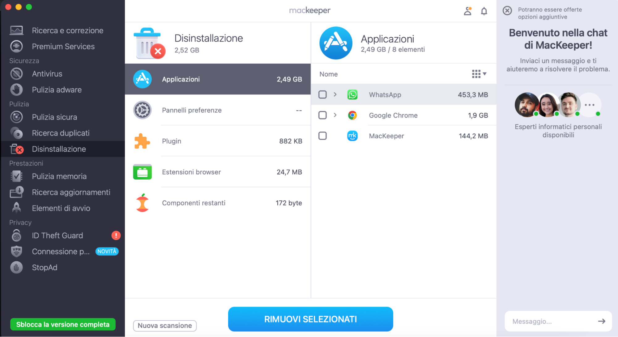 MacKeeper su Mac mostra lo strumento Smart Uninstaller. Dopo aver selezionato le applicazioni che si desidera disinstallare, fare clic sul pulsante Rimuovi selezionati.