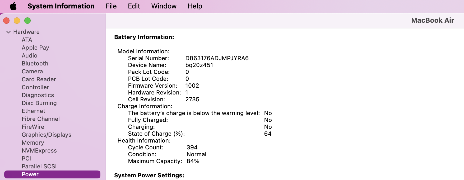 Go to Hardware> Power and look for the Battery Information label. Beneath it, you’ll see information about Cycle Count.
