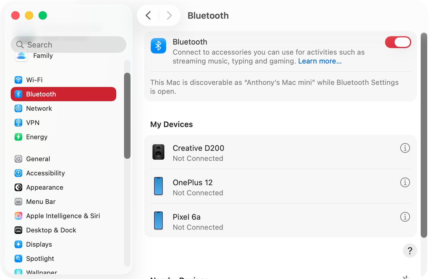 You can toggle your Mac Ventura Bluetooth on and off from your macOS System Settings. Select 'Bluetooth' from the side menu, then click the switch at the top to toggle Bluetooth on and off.