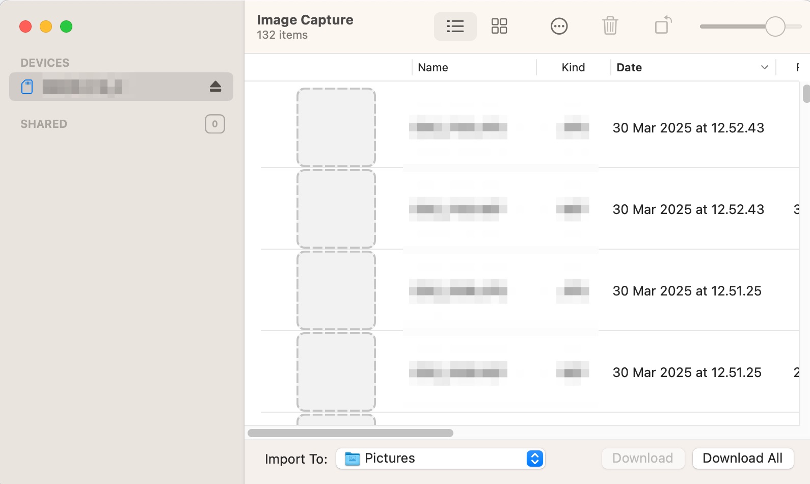 After opening Image Capture, you can then import all of your videos from your GoPro. Find your device under the Devices section and select Download All.