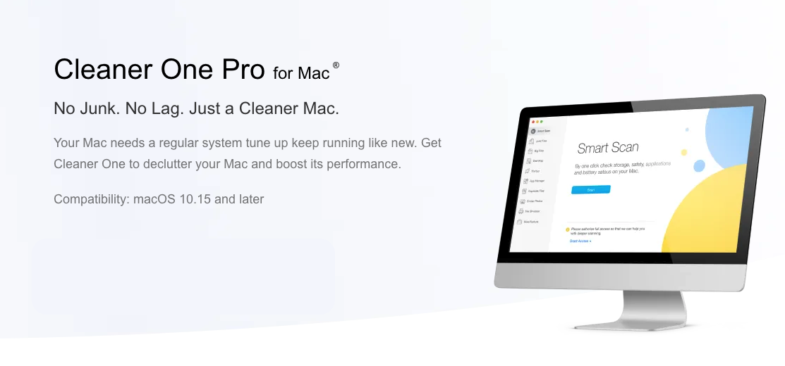 Cleaner One Pro for Mac promo screen showing the Smart Scan window on an iMac, the simple one-click cleaner for decluttering your Apple device.