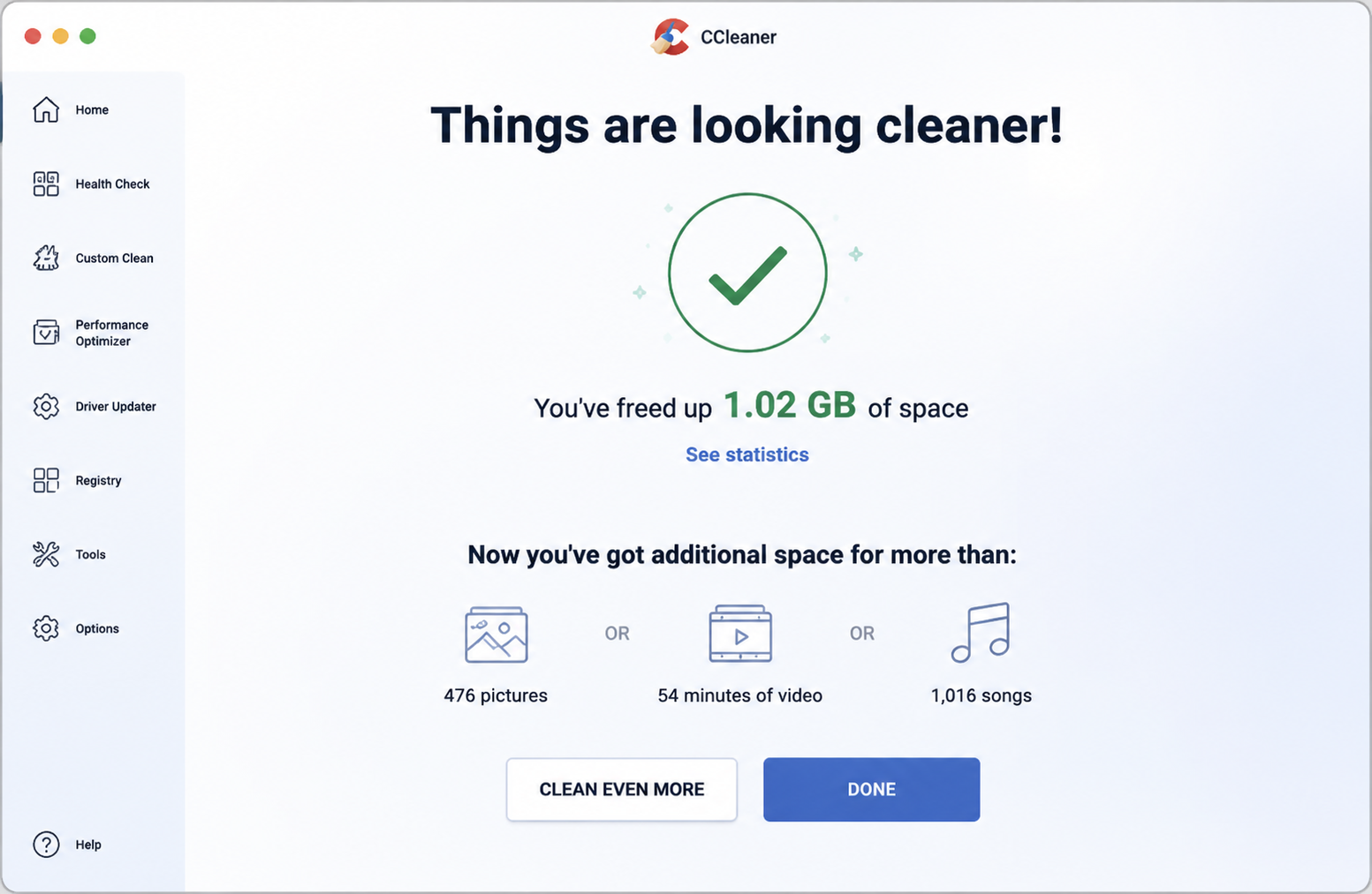 CCleaner results screen on an Apple computer confirming 1.02 GB of space freed, with the Custom Clean sidebar giving you manual cleanup control.