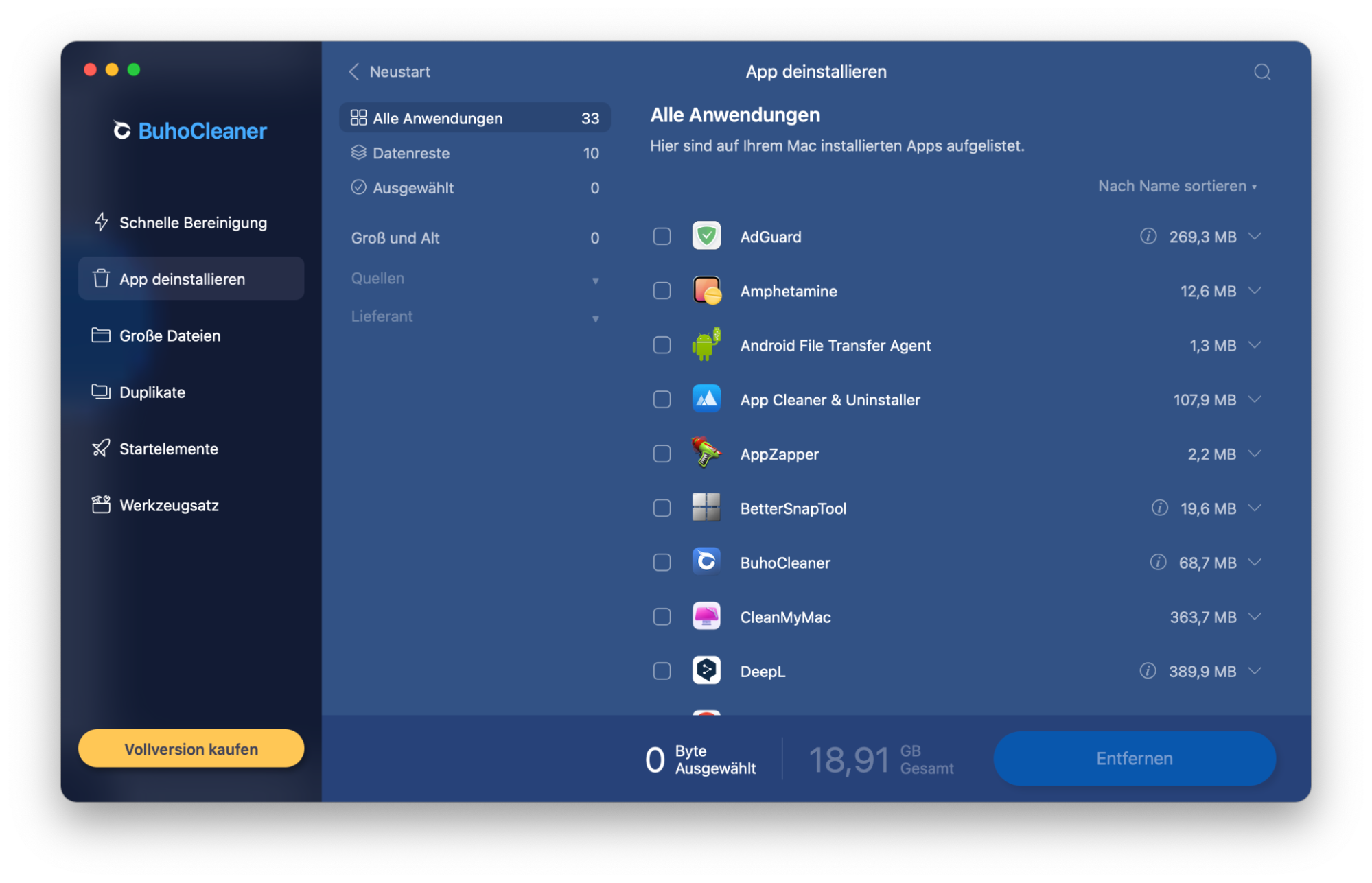 Die BuhoCleaner App für Mac ist ein gutes Deinstallationsprogramm, mit dem Sie in wenigen einfachen Schritten digitale Datenmüll von Ihrem Gerät entfernen können. Ein schneller Scan zeigt Ihnen alle auf Ihrem Mac installierten Anwendungen an und lässt Sie entscheiden, welche Sie entfernen möchten. Die Anwendungen werden nach ihrer Größe sortiert, sodass Sie den meisten Speicherplatz freigeben können.