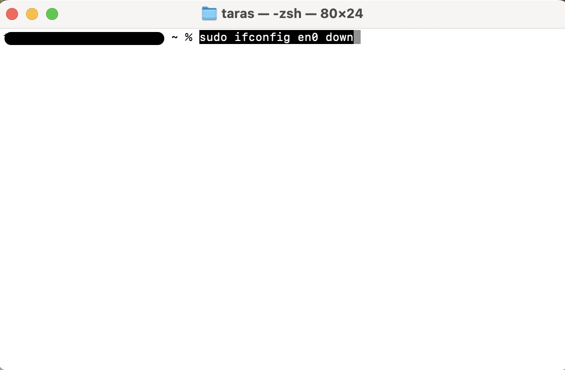 Open Terminal on your Mac and enter the command sudo ifconfig en0 down to temporarily disable the Wi-Fi interface for reset.