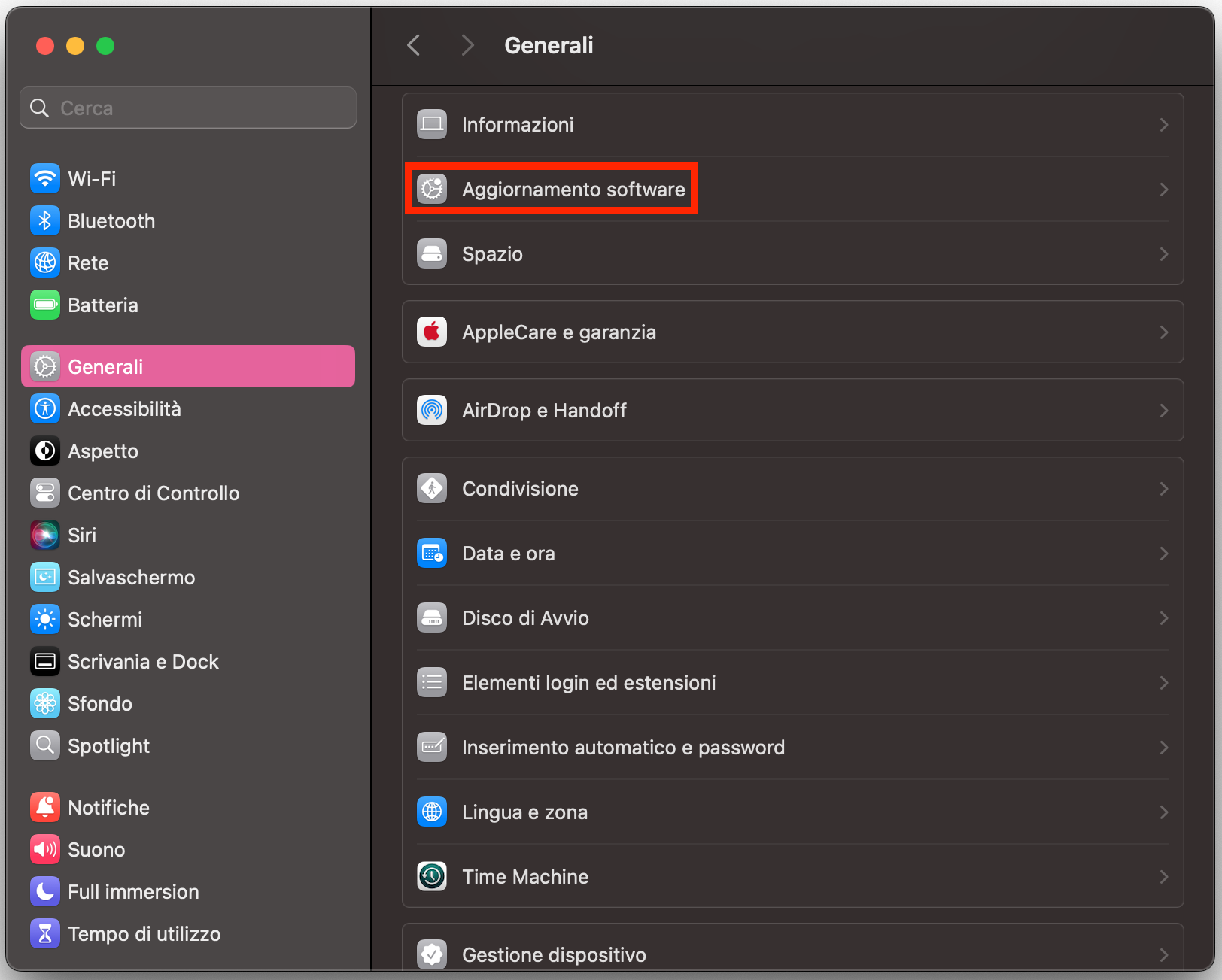Nelle Impostazioni di sistema del Mac, vai su Generali e cerca Aggiornamento software. Da qui il Mac controllerà automaticamente la presenza di aggiornamenti macOS che potrebbero influenzare la connessione o la velocità di Internet.