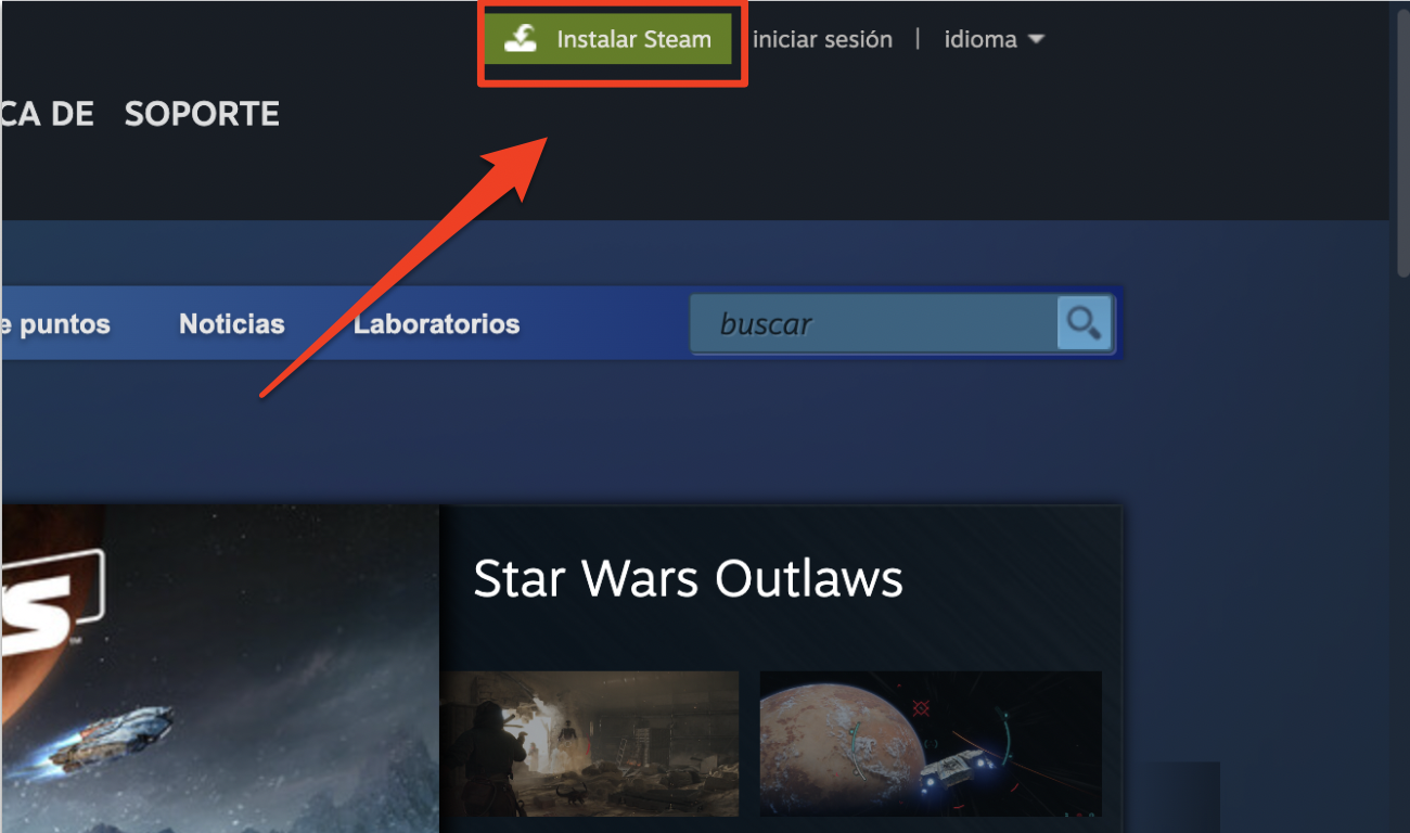 Ventana del navegador mostrando el sitio web de Steam con el botón Instalar Steam. Haz clic en él para iniciar el proceso de instalación.