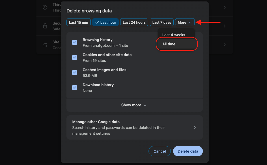 The Clear browsing data window in Chrome on macOS with the time range set to All time before clearing cache to fix crashing.