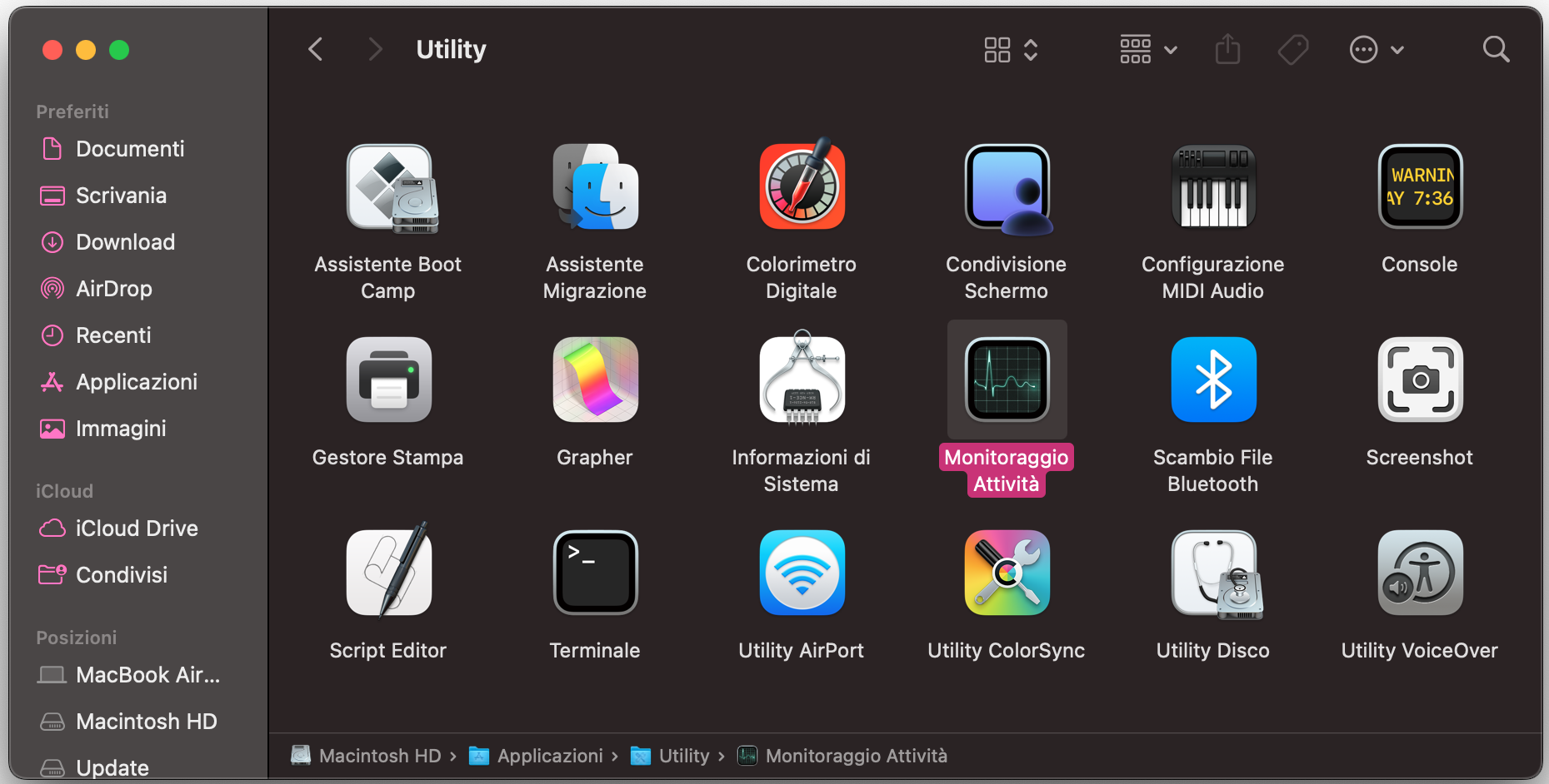 Il Monitoraggio Attività selezionato, evidenziato, tra le altre app nella cartella Utility del tuo Mac, in Applicazioni