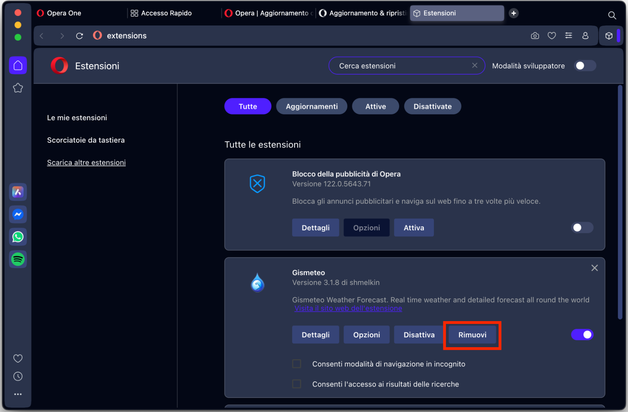 La schermata Estensioni di Opera, con Rimuovi evidenziato sotto un’estensione. Come rimuovere le estensioni, come parte di una guida su come bloccare i falsi pop-up McAfee su Mac.