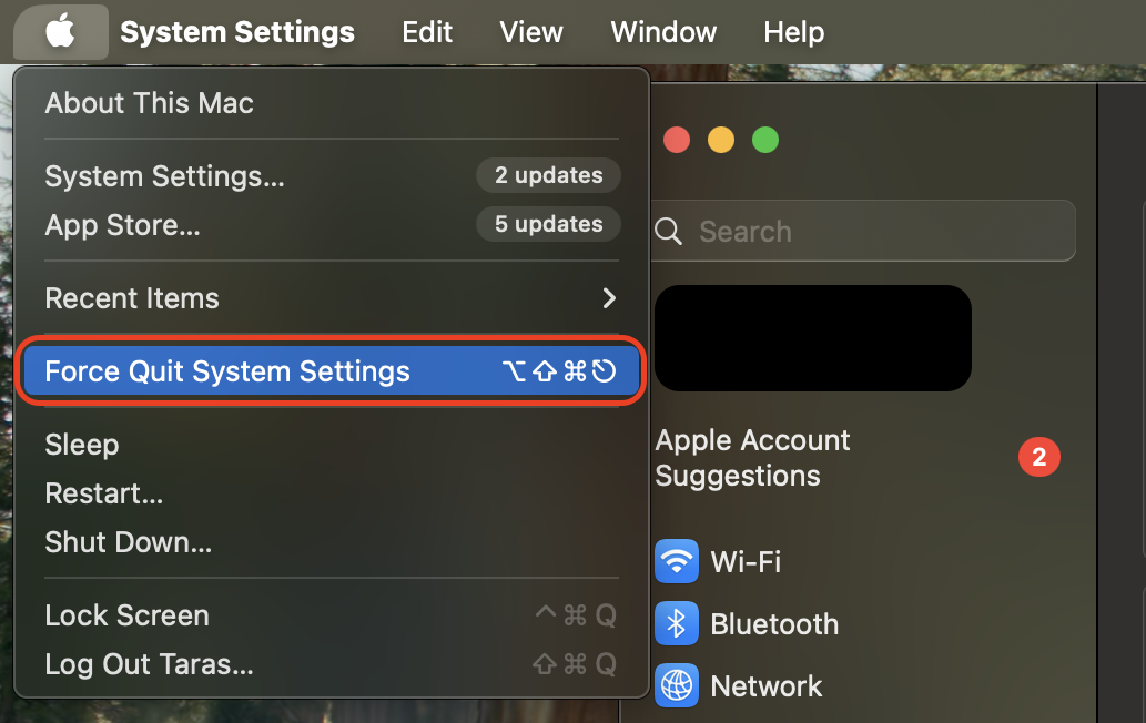 Open the Apple menu in the top-left corner, select Force Quit, and view all running apps to close the ones causing System Settings to freeze.