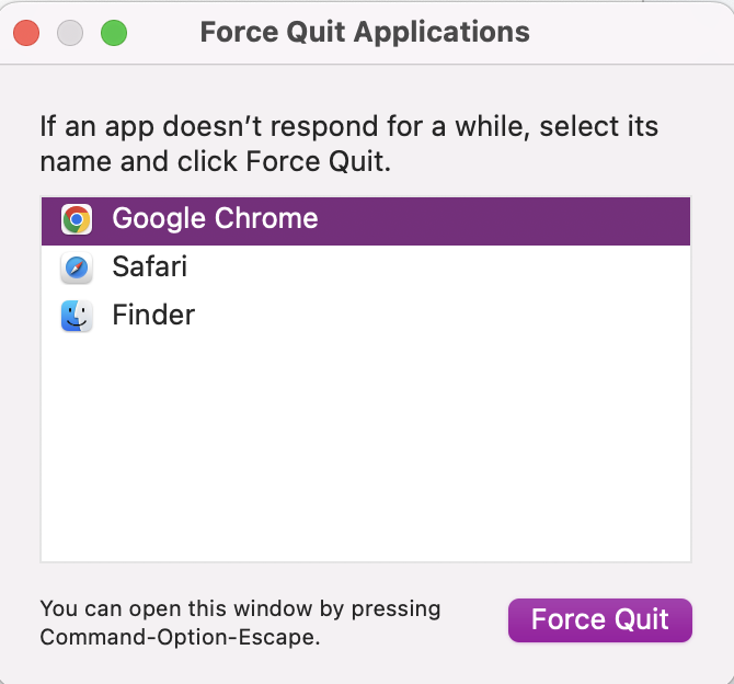 In the Force Quit Applications table, highlight the app you want to stop and then press the Force Quit option. You may need to authorise this action with your user login and password.