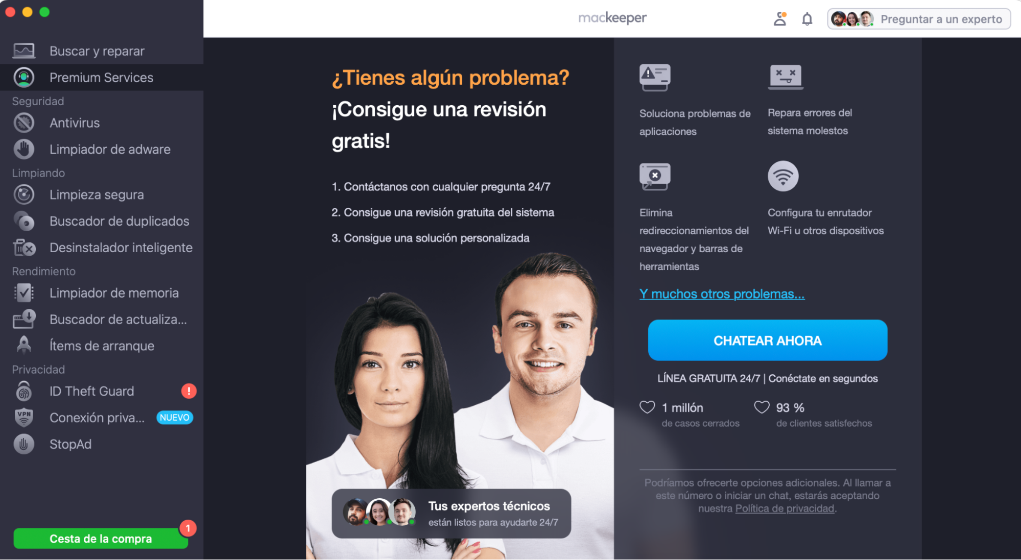 Para saber cómo crear una copia de arranque de macOS en una unidad USB, pregunta a los expertos. Ejecuta MacKeeper y selecciona Premium Services en el menú de la izquierda, haz clic en el botón Chatear ahora.