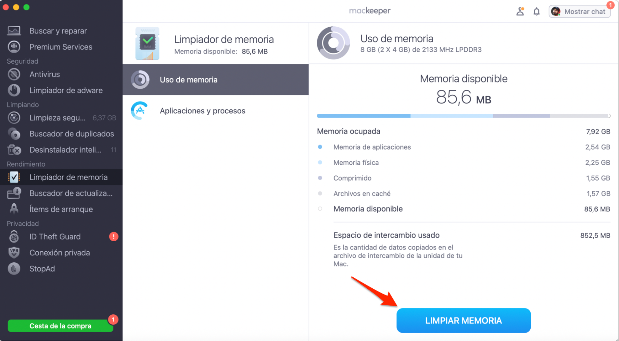 Desde ahí, simplemente haz clic en Limpiar memoria para liberar al instante la RAM de tu Mac.
