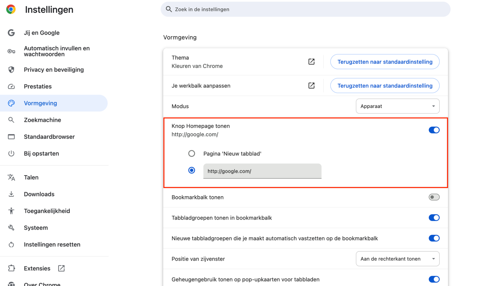 Open in de Chrome-instellingen het menu Vormgeving aan de linkerkant. Controleer vervolgens onder Startknop weergeven of jouw gewenste startpagina in het vak is ingevuld.