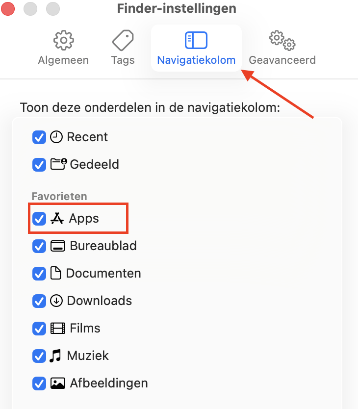 Het tabblad Zijbalk binnen het instellingenmenu van Finder op de Mac. Als je moet weten waar de map Programma's zich bevindt en je hem niet kunt vinden, zorg er dan voor dat Programma's is ingeschakeld op het tabblad Zijbalk om hem te zien in Finder.