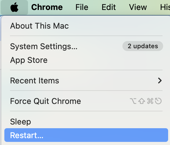 Once you've clicked on the Apple logo, a dropdown menu will appear. When it does, navigate to Restart. Click on this to continue the process of turning off your Mac.