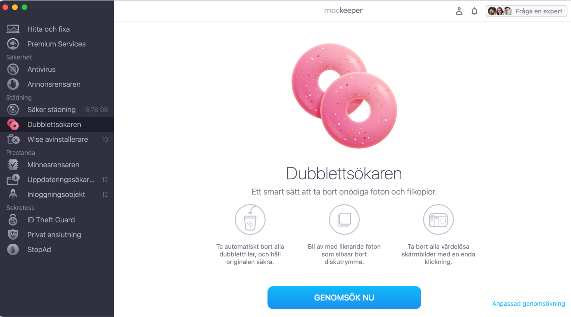 För att hitta och ta bort dubblettbilder från din Mac använder du MacKeepers funktion Dubblettsökaren. Appen hittar och raderar alla dubbletter på ett säkert sätt. Öppna MacKeeper, gå till Dubblettsökaren och klicka på Genomsök nu.