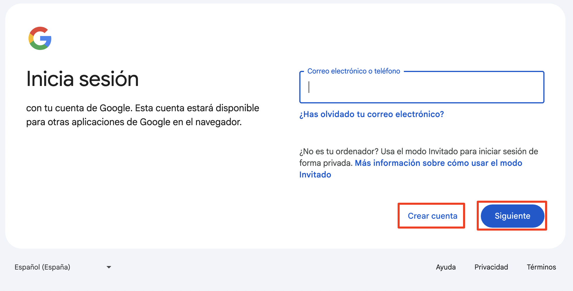 Haz clic en Crear cuenta para añadir una nueva.