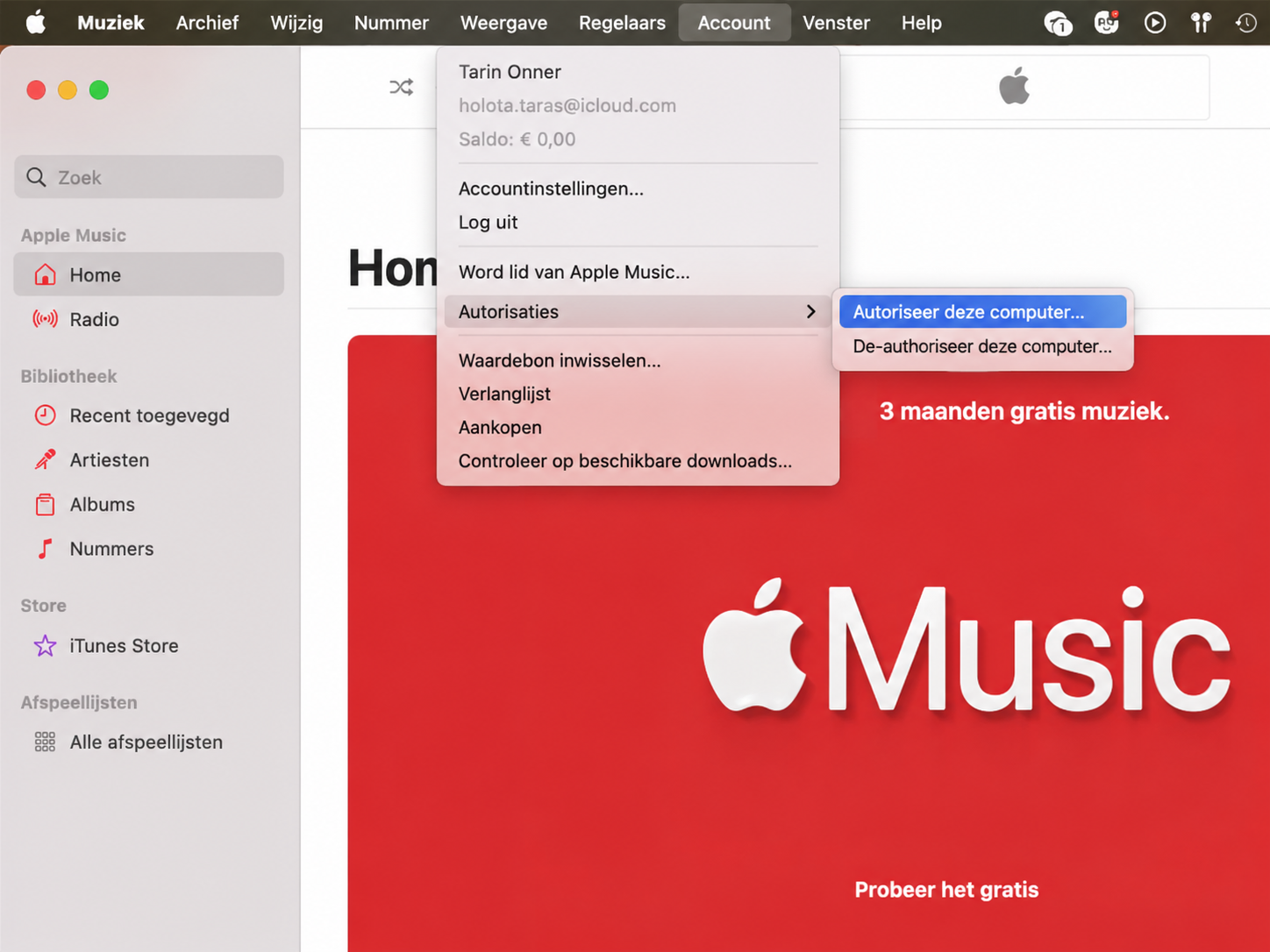 Open Muziek, TV of Boeken > Account > Autorisaties en kies Deautoriseer deze computer om de toegang van je Apple ID tot de Mac veilig te verwijderen.