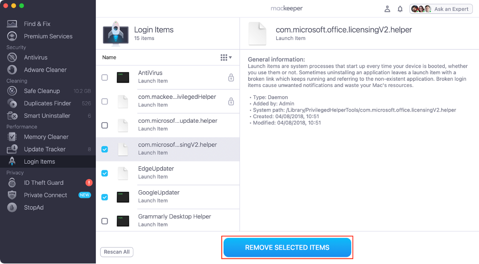 To delete login items you no longer wish to keep, select them and click Remove Selected Items.