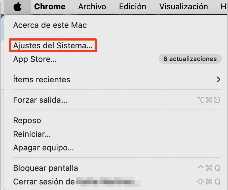 El menú Apple, abierto con Ajustes del Sistema resaltado. Cómo bloquear notificaciones push, un paso en una guía sobre cómo eliminar las ventanas emergentes falsas de McAfee en Mac.