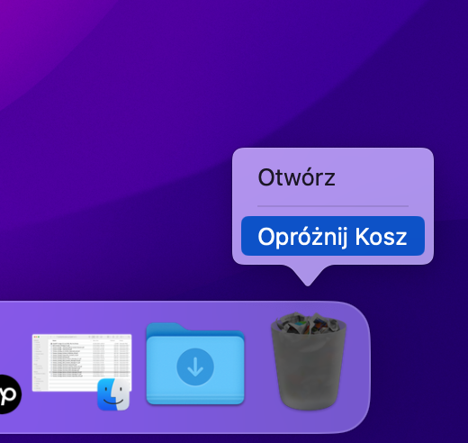 Aby całkowicie usunąć programy, musisz opróżnić Kosz. Możesz to zrobić, klikając prawym przyciskiem myszy ikonę kosza i wybierając Opróżnij Kosz.