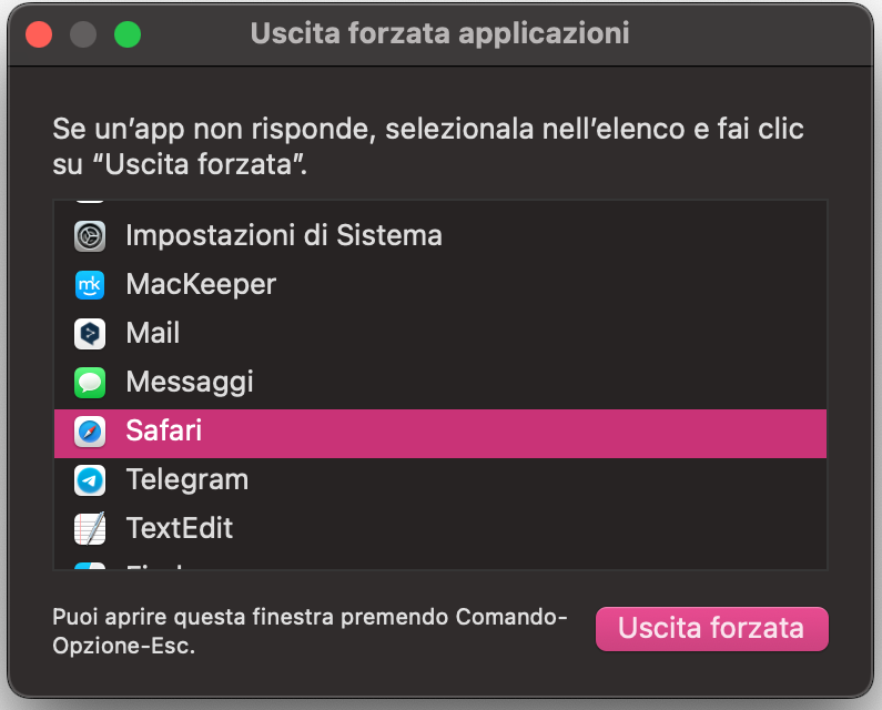 La finestra Uscita forzata applicazioni compare sullo schermo dopo aver premuto Cmd + Opt + Esc. Nell’elenco seleziona l’app bloccata e fai clic su Uscita forzata.