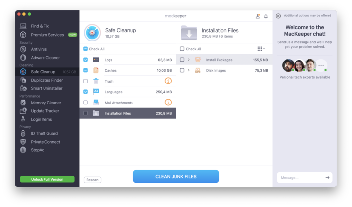 In MacKeeper 7, you can remove unnecessary installation files this way: choosing them after the scan done by our Safe Cleanup tool and confirming your action with the Clean Junk Files button.