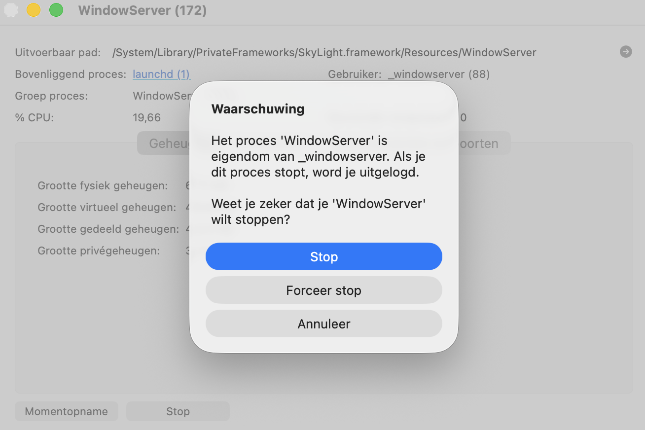 Je kunt nu kiezen om WindowServer te stoppen of geforceerd te stoppen. Maak een keuze en het WindowServer-proces wordt afgesloten.