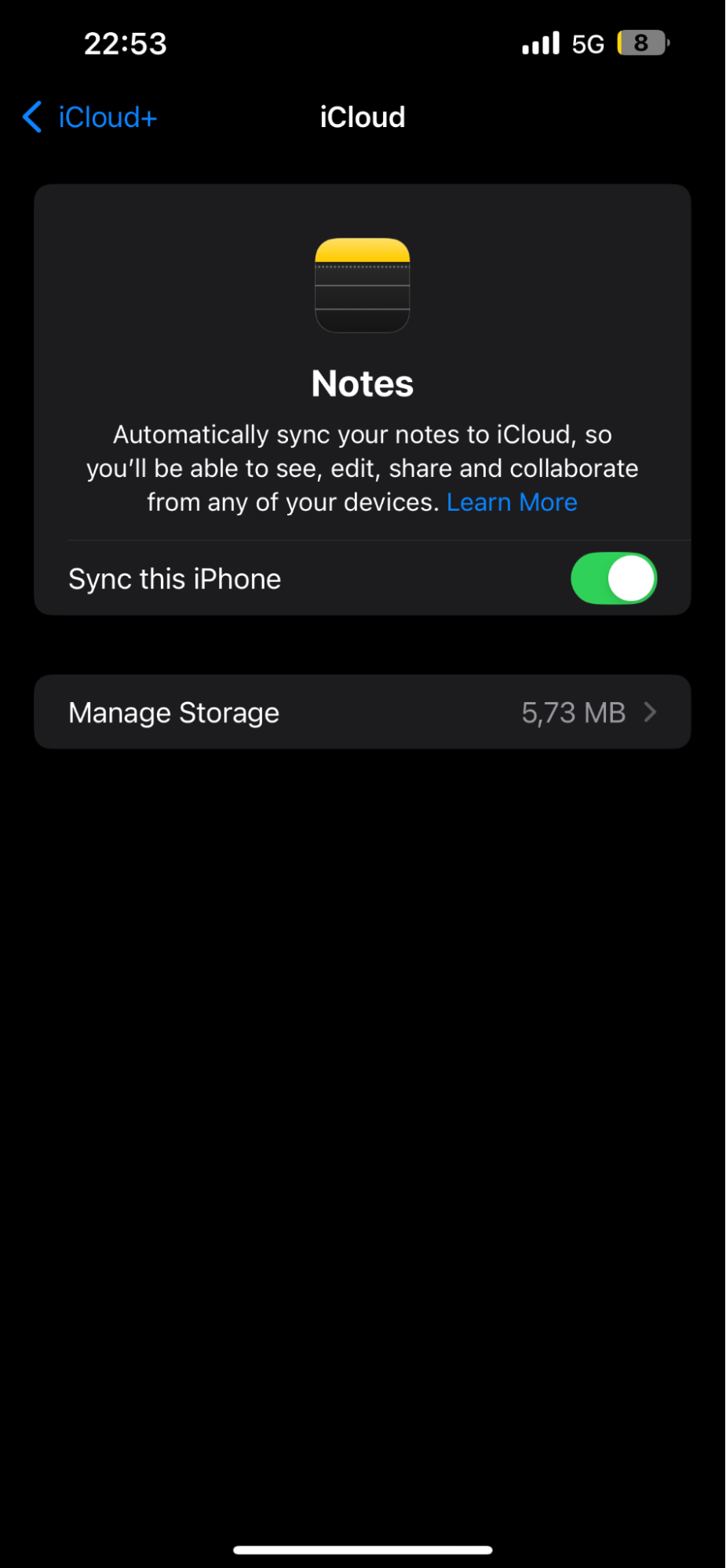 iCloud sync settings are opened on an iPhone device. Toggle on the Sync this iPhone setting when notes are not syncing between iPhone and Mac.