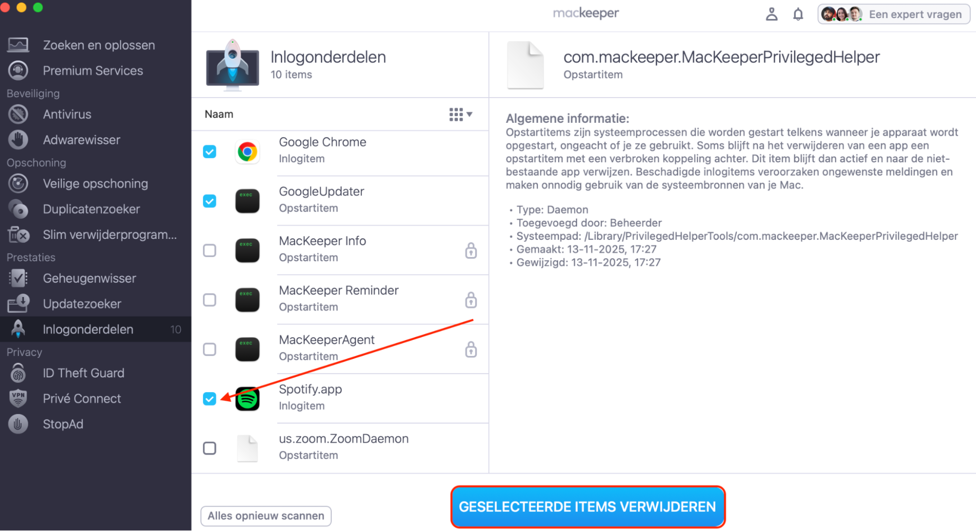 De functie Inlogitems in MacKeeper op de Mac. Naast het vinden van alle opstartapps op de Mac kun je met dit hulpprogramma inlogitems verwijderen die je niet nodig hebt.