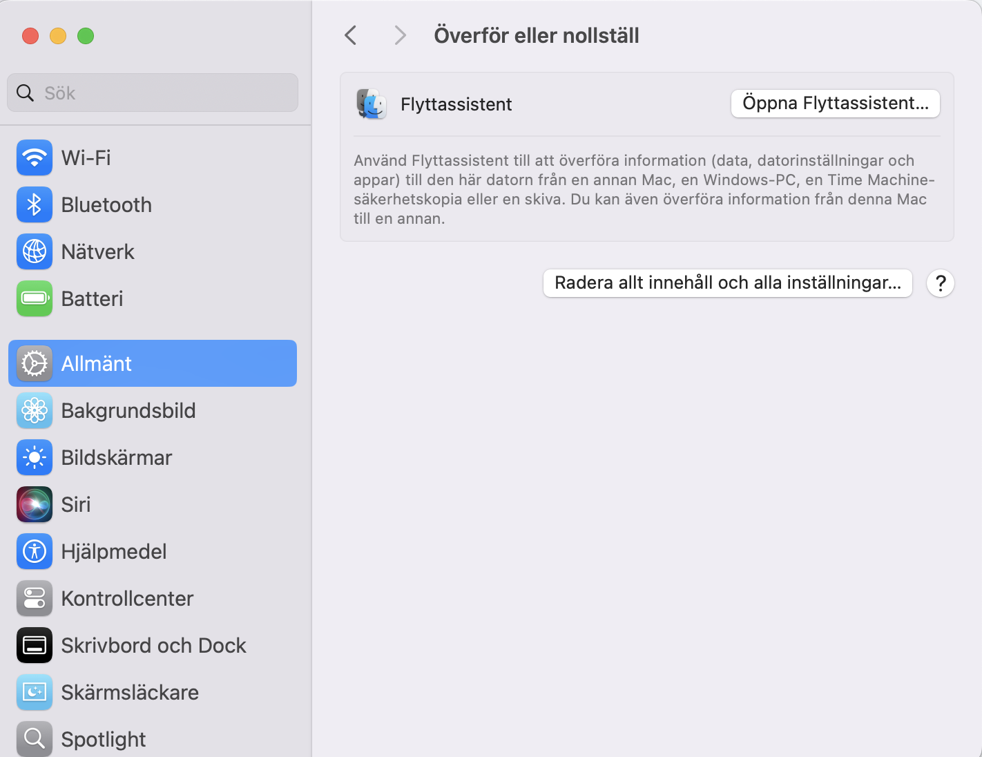 I Systeminställningar väljer du ‘Radera allt innehåll och alla inställningar’. Följ alla instruktioner på skärmen för att slutföra processen.