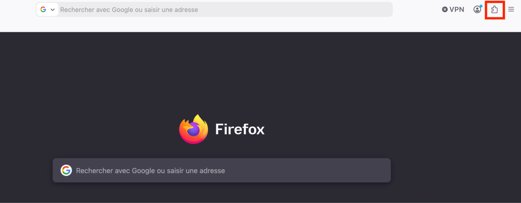 Firefox pour Mac, avec le bouton Extensions (pièce de puzzle) mis en surbrillance. Comment supprimer des extensions : guide pour bloquer les fausses alertes McAfee sur Mac.