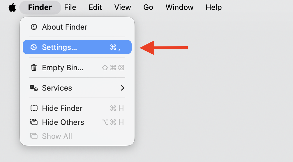 Finder menu on macOS Sequoia 15 with Settings selected, the first step to reset the Finder sidebar layout on a MacBook laptop.