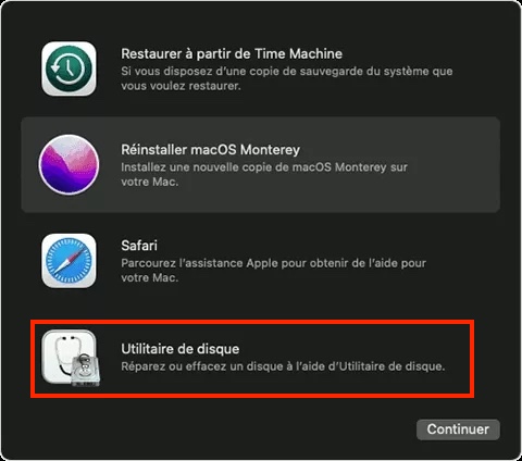 Une fois votre Mac entré en mode de récupération, une liste des options de récupération disponibles s’affichera. Vous pouvez réparer les autorisations de disque en sélectionnant Utilitaire de disque et en cliquant sur Continuer. Une fois votre Mac entré en mode de récupération, une liste des options de récupération disponibles s’affichera. Vous pouvez réparer les autorisations de disque en sélectionnant Utilitaire de disque et en cliquant sur Continuer.