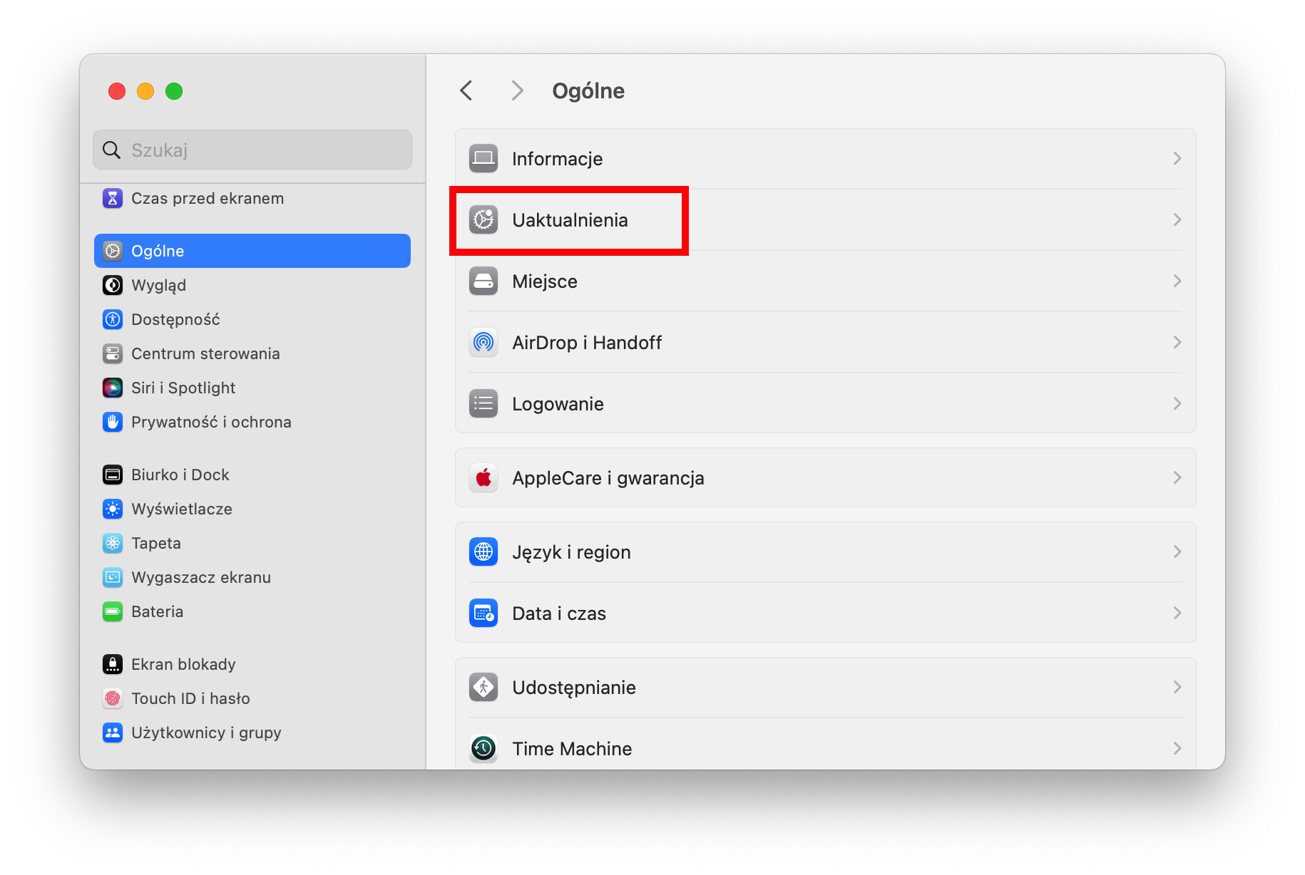 Aby zaktualizować Maca do najnowszej wersji macOS, wybierz Ogólne w panelu bocznym po lewej stronie, a następnie wybierz Aktualizacja oprogramowania po prawej.