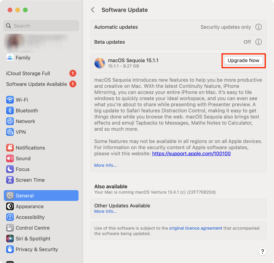 To update to the latest macOS version and fix the high CPU usage issue, click the Upgrade Now button and follow the on-screen instructions.