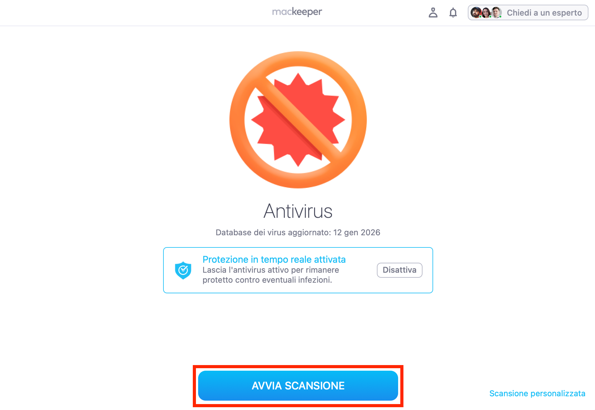 Nella sezione Antivirus di MacKeeper, fai clic sul pulsante Avvia scansione. Questo avvierà una scansione antivirus che puoi usare per rilevare eventuali trojan.